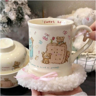 Cốc gốm Bowli họa tiết gấu dễ thương dùng để decor trang trí 350ml, dày 3mm chắc chắn tặng kèm lót ly