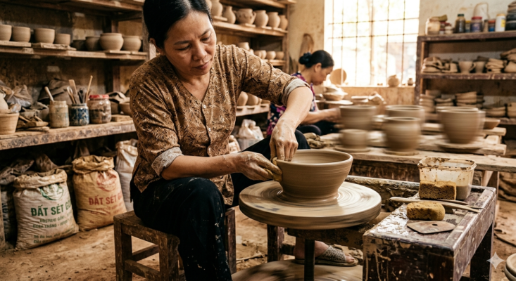 tạo dáng trên bàn xoay trong quy trình làm gốm thủ công