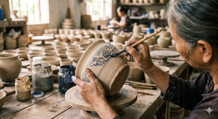 Tay nghệ nhân đang vẽ hoa văn lên gốm chưa nung.
