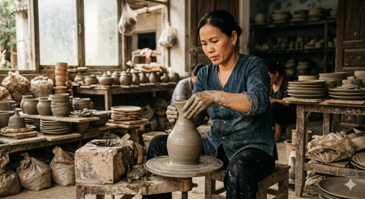 vuốt gốm bằng tay trong quy trình làm gốm thủ công